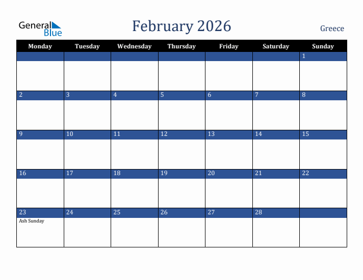 February 2026 Greece Calendar (Monday Start)