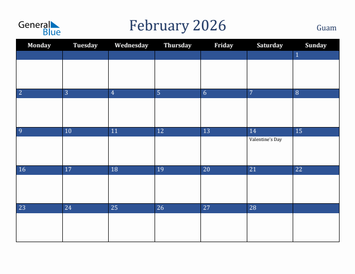 February 2026 Guam Calendar (Monday Start)