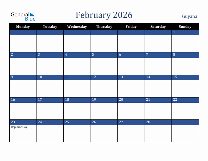 February 2026 Guyana Calendar (Monday Start)