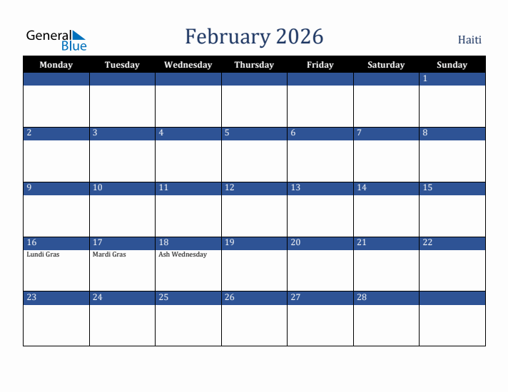 February 2026 Haiti Calendar (Monday Start)