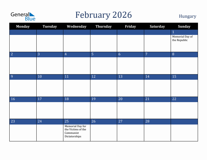 February 2026 Hungary Calendar (Monday Start)