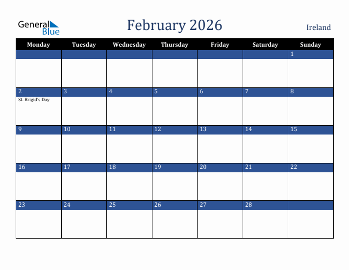February 2026 Ireland Calendar (Monday Start)
