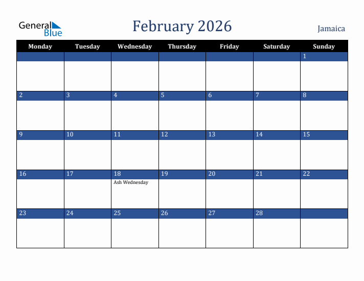 February 2026 Jamaica Calendar (Monday Start)