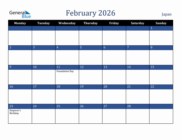 February 2026 Japan Calendar (Monday Start)