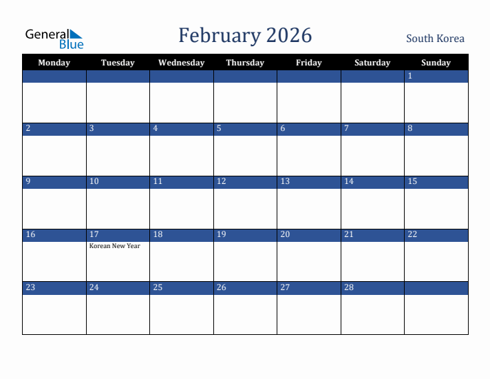 February 2026 South Korea Calendar (Monday Start)