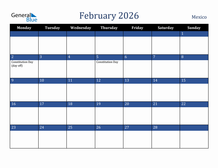 February 2026 Mexico Calendar (Monday Start)