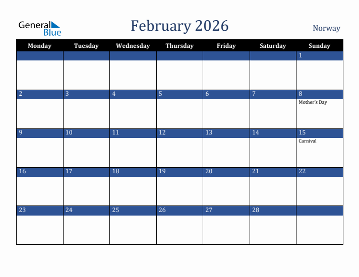 February 2026 Norway Calendar (Monday Start)