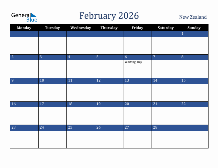 February 2026 New Zealand Calendar (Monday Start)