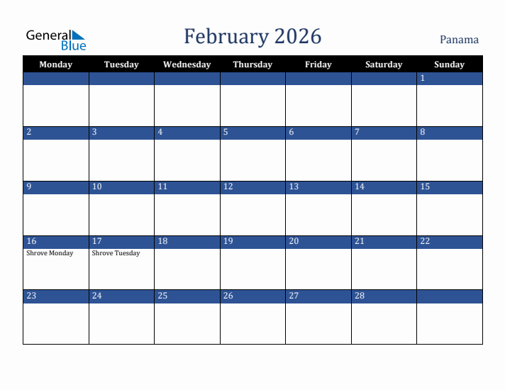 February 2026 Panama Calendar (Monday Start)