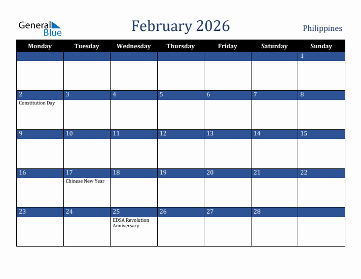 February 2026 Philippines Calendar (Monday Start)