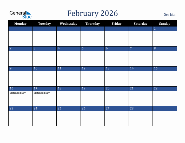 February 2026 Serbia Calendar (Monday Start)
