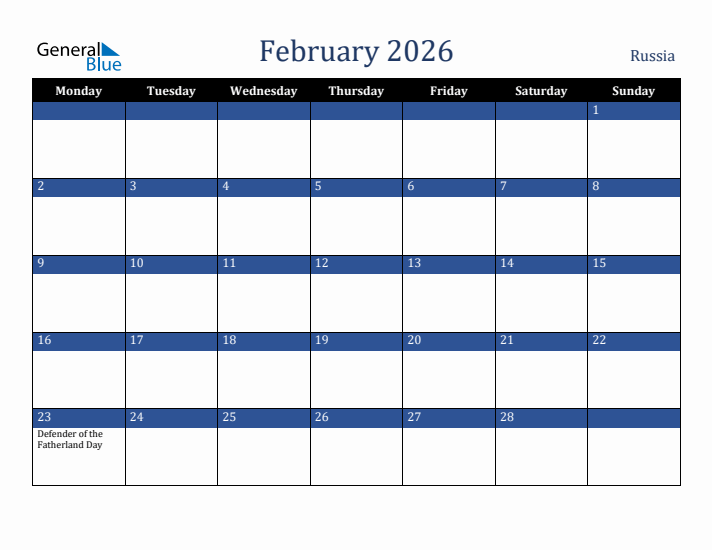 February 2026 Russia Calendar (Monday Start)