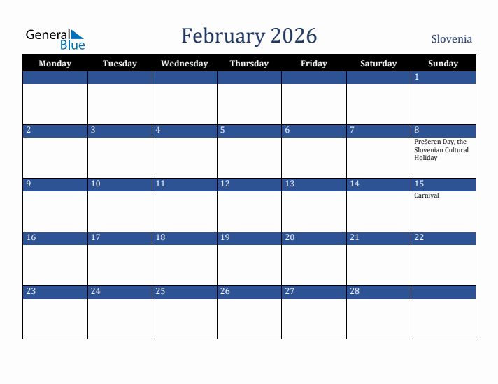 February 2026 Slovenia Calendar (Monday Start)