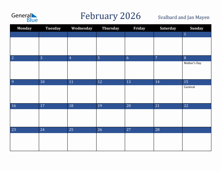 February 2026 Svalbard and Jan Mayen Calendar (Monday Start)