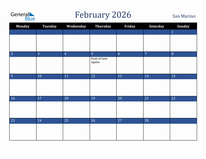 February 2026 San Marino Calendar (Monday Start)