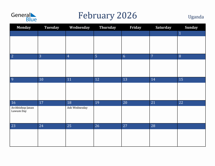 February 2026 Uganda Calendar (Monday Start)