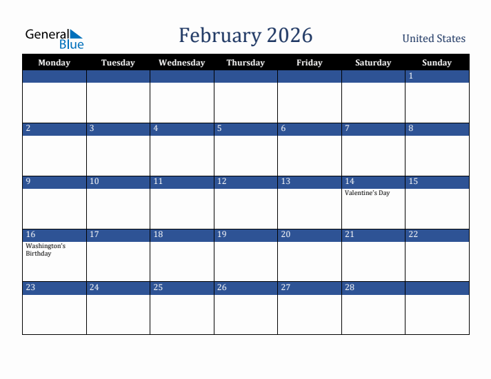 February 2026 United States Calendar (Monday Start)