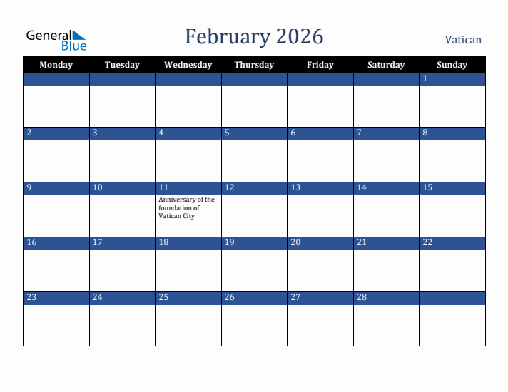 February 2026 Vatican Calendar (Monday Start)
