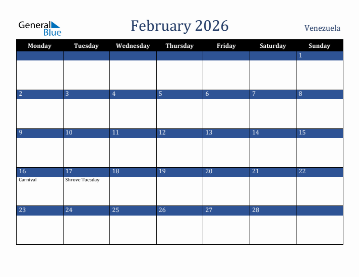 February 2026 Venezuela Calendar (Monday Start)