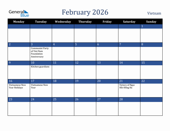 February 2026 Vietnam Calendar (Monday Start)