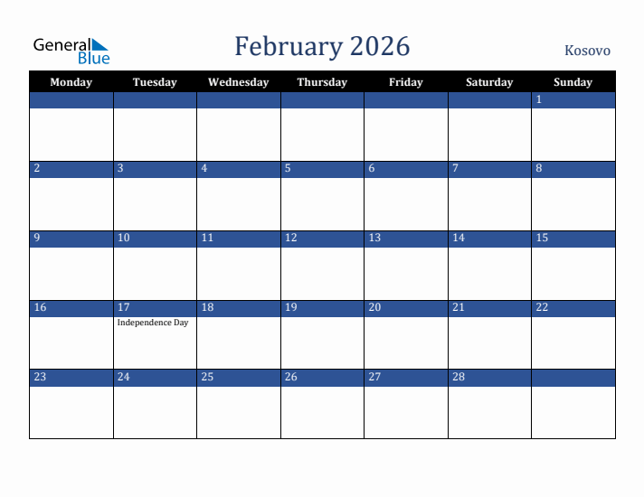 February 2026 Kosovo Calendar (Monday Start)