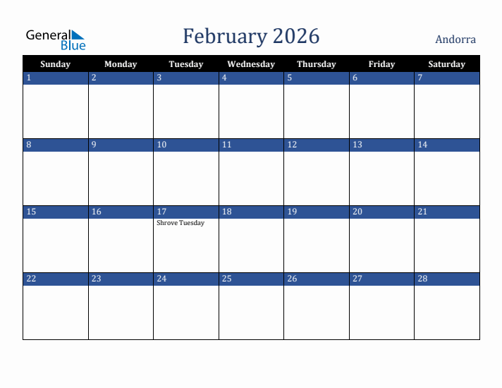 February 2026 Andorra Calendar (Sunday Start)