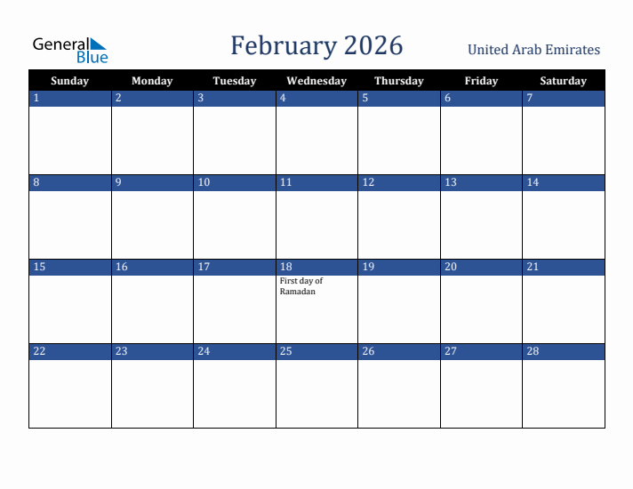 February 2026 United Arab Emirates Calendar (Sunday Start)