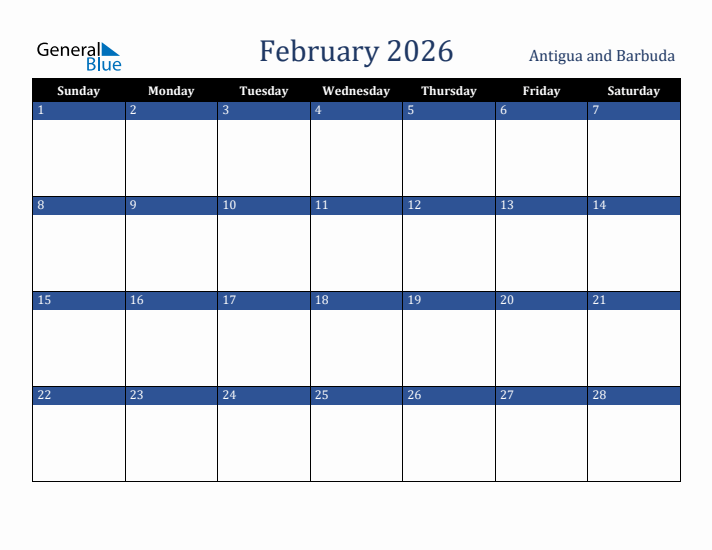 February 2026 Antigua and Barbuda Calendar (Sunday Start)
