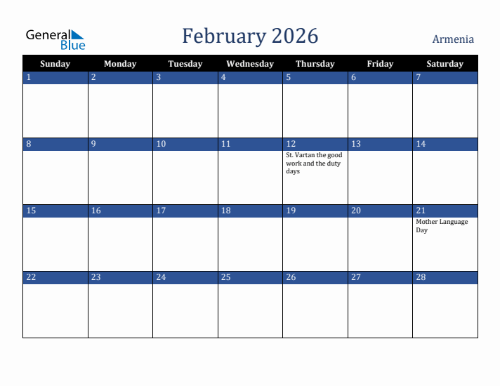 February 2026 Armenia Calendar (Sunday Start)
