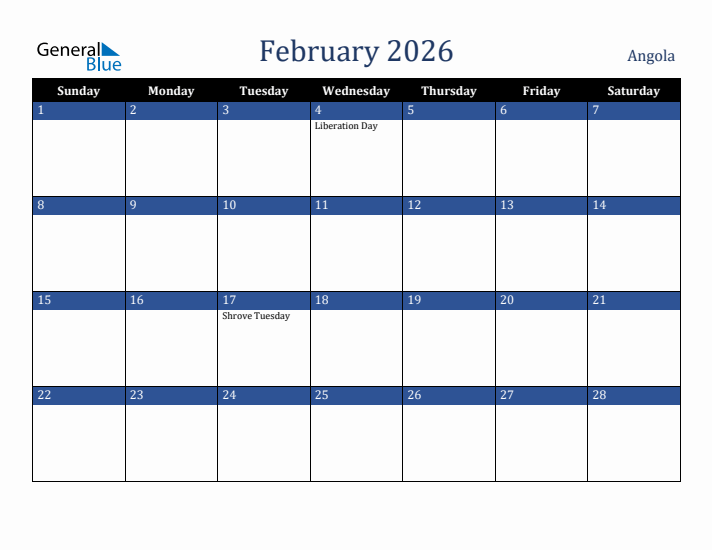 February 2026 Angola Calendar (Sunday Start)