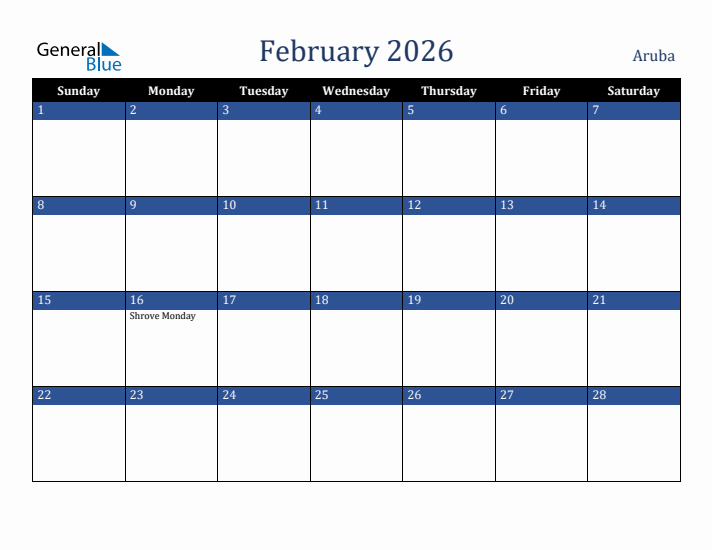 February 2026 Aruba Calendar (Sunday Start)