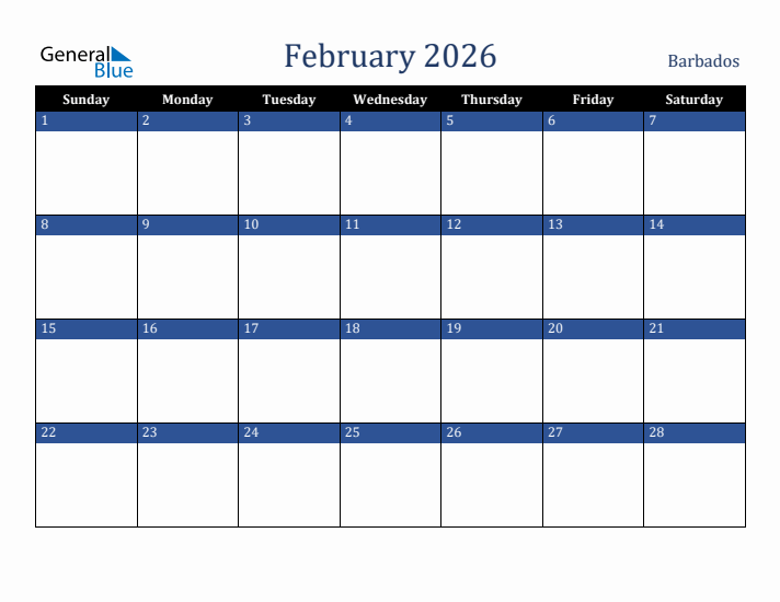 February 2026 Barbados Calendar (Sunday Start)