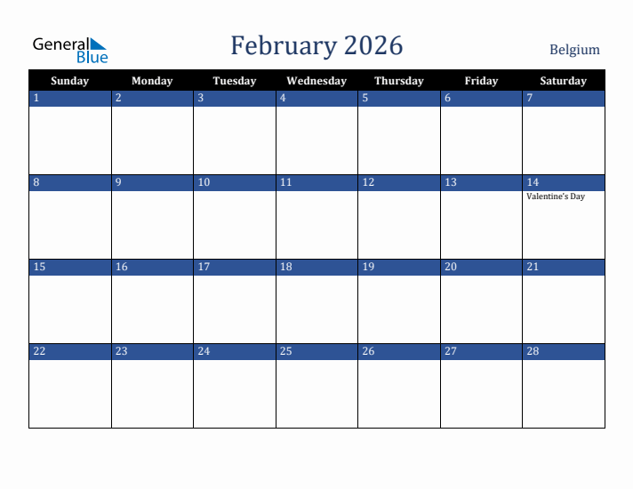 February 2026 Belgium Calendar (Sunday Start)