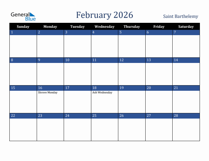 February 2026 Saint Barthelemy Calendar (Sunday Start)