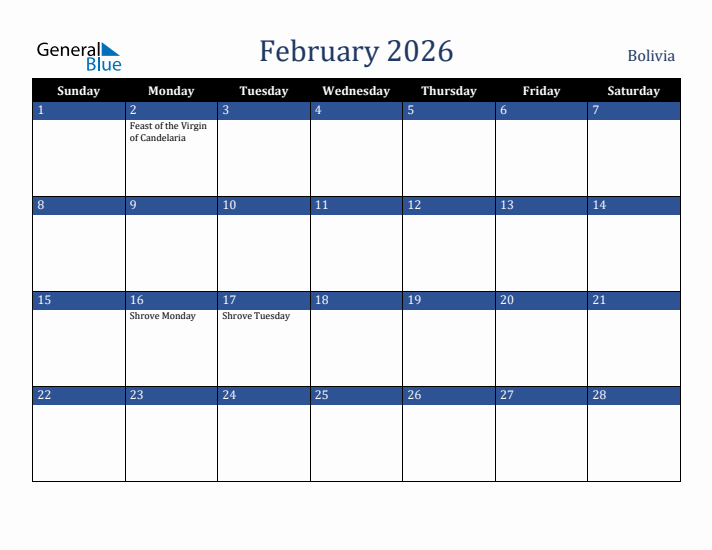 February 2026 Bolivia Calendar (Sunday Start)