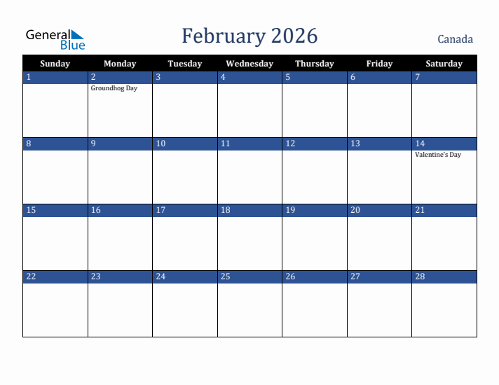 February 2026 Canada Calendar (Sunday Start)