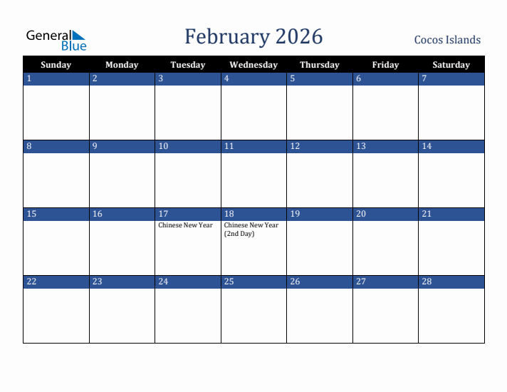 February 2026 Cocos Islands Calendar (Sunday Start)