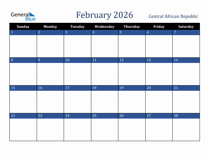 February 2026 Central African Republic Calendar (Sunday Start)