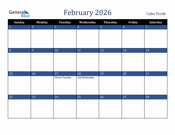 February 2026 Cabo Verde Calendar (Sunday Start)