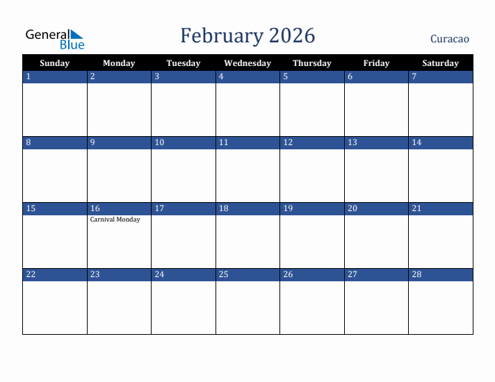 February 2026 Curacao Calendar (Sunday Start)