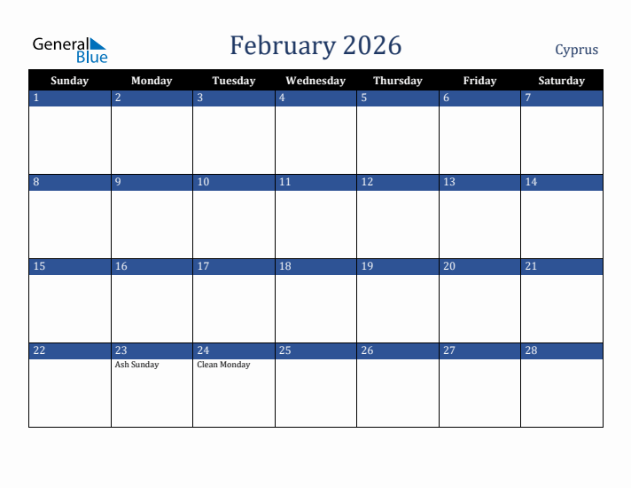 February 2026 Cyprus Calendar (Sunday Start)
