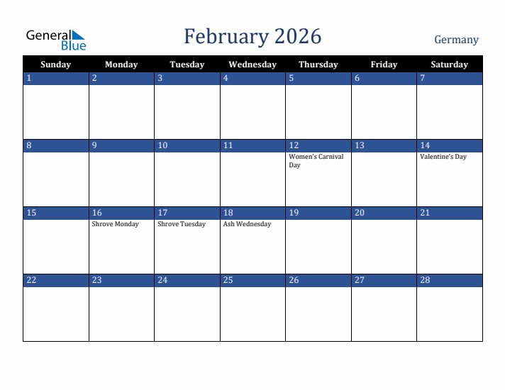 February 2026 Germany Calendar (Sunday Start)