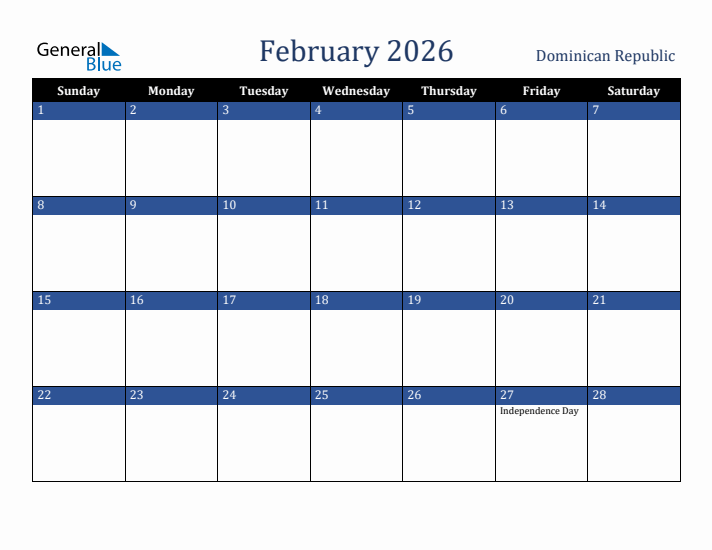 February 2026 Dominican Republic Calendar (Sunday Start)