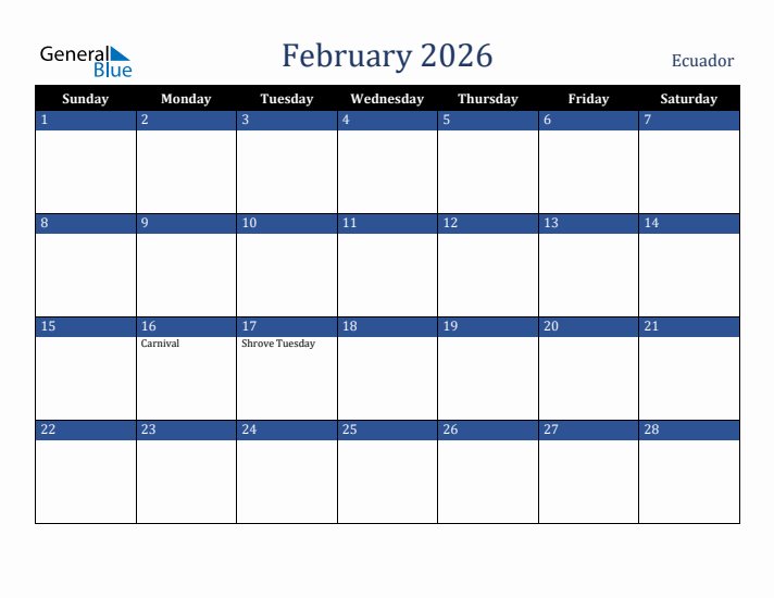 February 2026 Ecuador Calendar (Sunday Start)