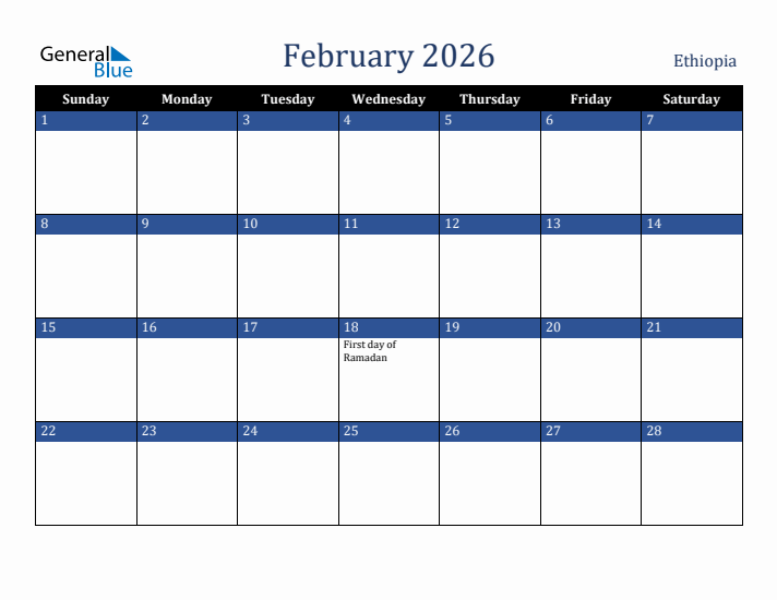February 2026 Ethiopia Calendar (Sunday Start)