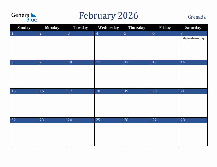 February 2026 Grenada Calendar (Sunday Start)