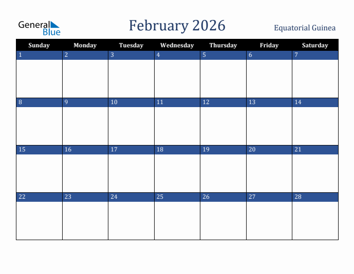 February 2026 Equatorial Guinea Calendar (Sunday Start)