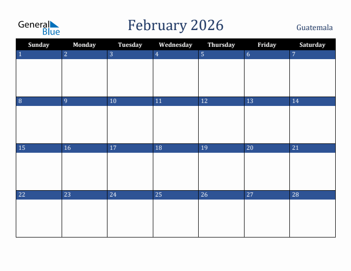 February 2026 Guatemala Calendar (Sunday Start)