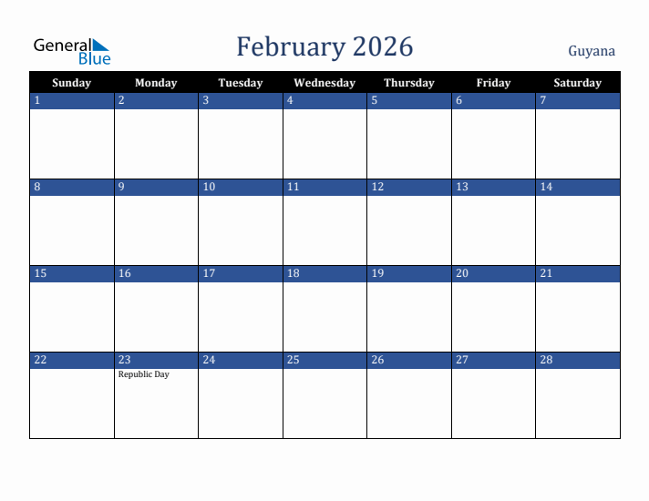 February 2026 Guyana Calendar (Sunday Start)