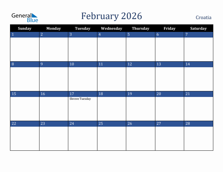 February 2026 Croatia Calendar (Sunday Start)